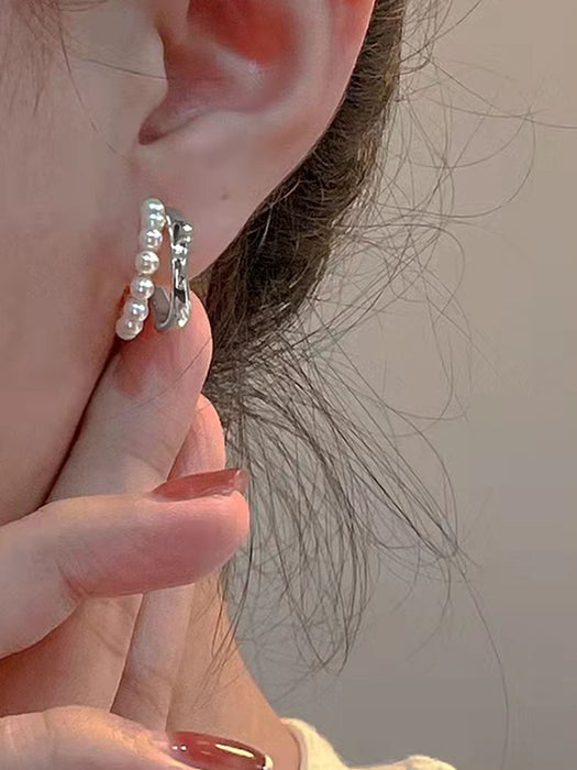 Elegantes aretes de mujer de doble capa en forma de C con adornos de perlas sintéticas - Quierox - Tienda Online
