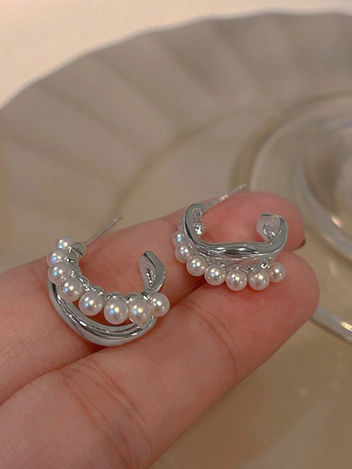 Elegantes aretes de mujer de doble capa en forma de C con adornos de perlas sintéticas - Quierox - Tienda Online