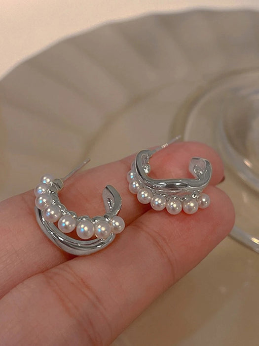 Elegantes aretes de mujer de doble capa en forma de C con adornos de perlas sintéticas - Quierox - Tienda Online
