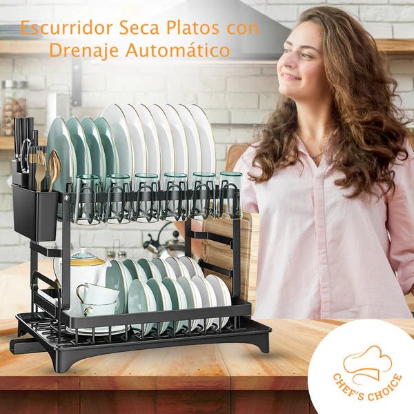 Escurridor de platos Frasheng de 2 niveles de acero al carbono con drenaje automático - Quierox - Tienda Online
