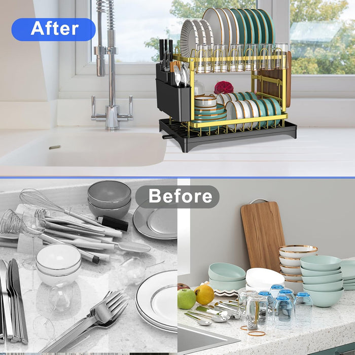 Escurridor multifuncional para encimera de cocina con bandeja de drenaje de 2 niveles - Quierox - Tienda Online