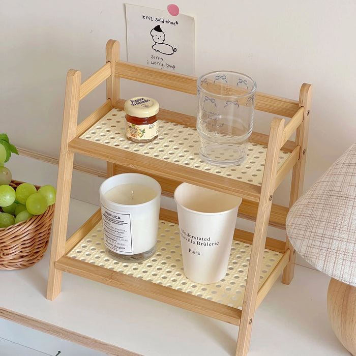 Estantería de almacenamiento de madera de 2 niveles, soporte de escritorio de ratán - Quierox - Tienda Online
