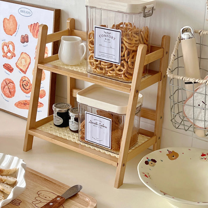 Estantería de almacenamiento de madera de 2 niveles, soporte de escritorio de ratán - Quierox - Tienda Online