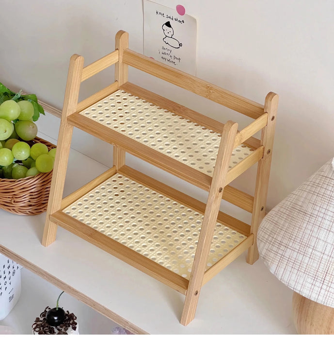 Estantería de almacenamiento de madera de 2 niveles, soporte de escritorio de ratán - Quierox - Tienda Online