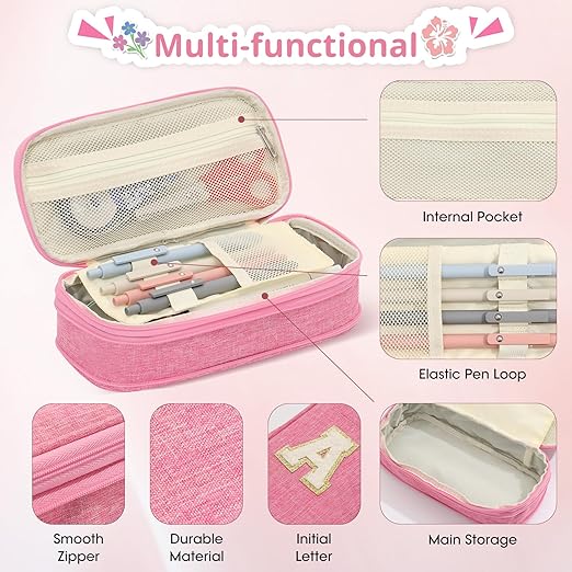 Estuche para lápices, estuche para lápices para niñas y mujeres, con letra N rosado - Quierox - Tienda Online