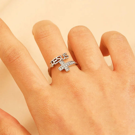 Exquisito anillo abierto de Color plateado con cruz de Jesús, joyería cristiana de circón - Quierox - Tienda Online