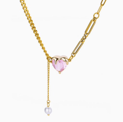 Exquisito collar de joyería con charm de perla simple, acero inoxidable, circonita CZ y cristal rosa en forma de corazón - Quierox - Tienda Online