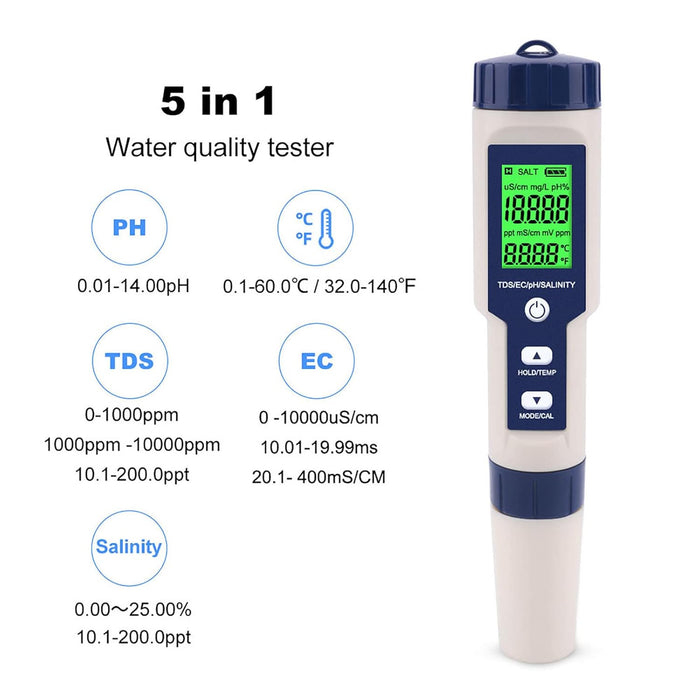 EZ 9909 5 en 1 función medidor de prueba de calidad del agua Salinidad - Quierox - Tienda Online