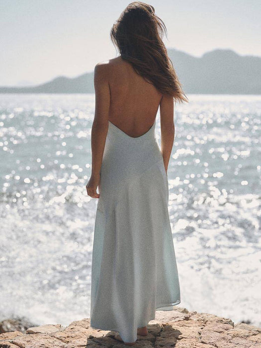 Zara Vestido halter fluido azul claro para mujer