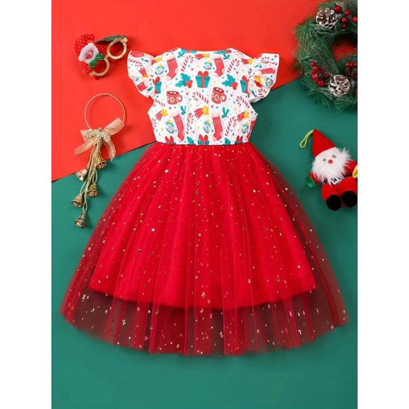 Vestido tutú navideño para niña, informal y esponjoso con lentejuelas