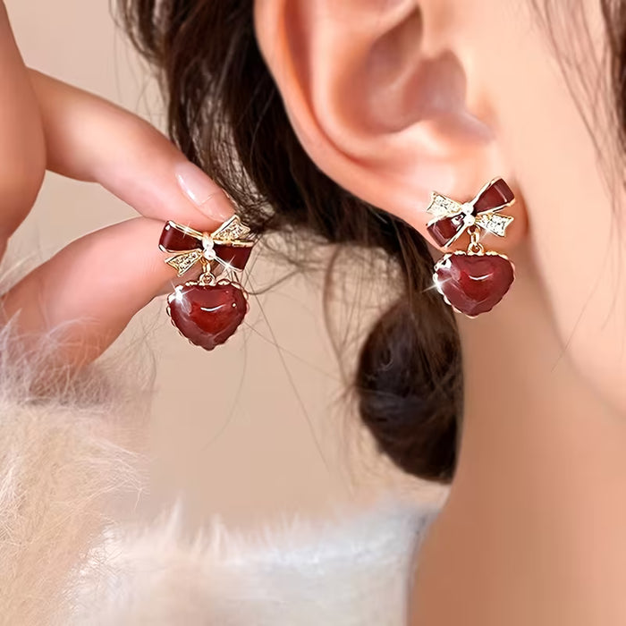 1 Par de Pendientes de Botón con Corazón Rojo y Lazo
