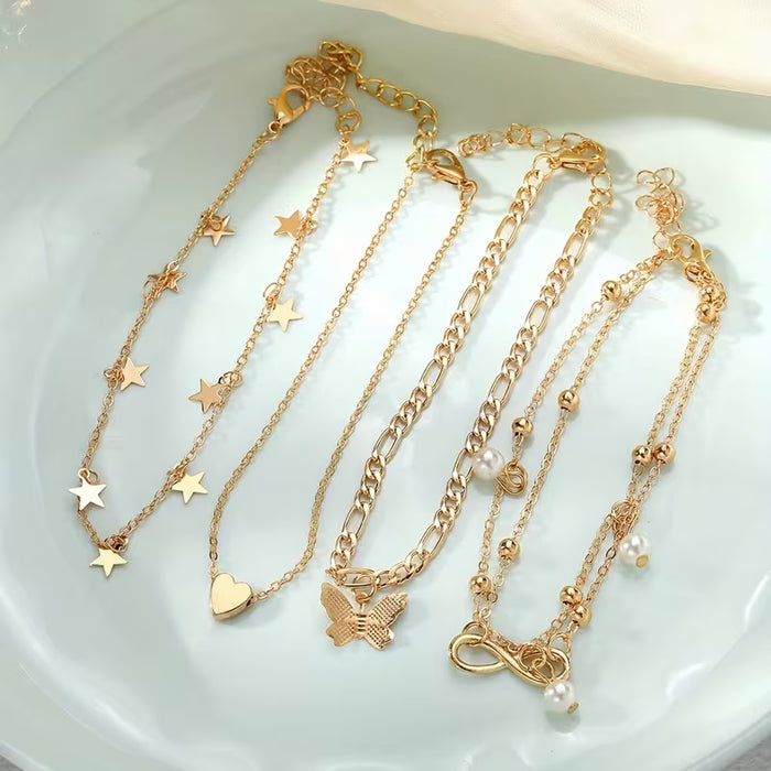 4 Piezas de Cadenas de Tobillo Apilables con Símbolo de Infinito y Cuentas de Mariposa