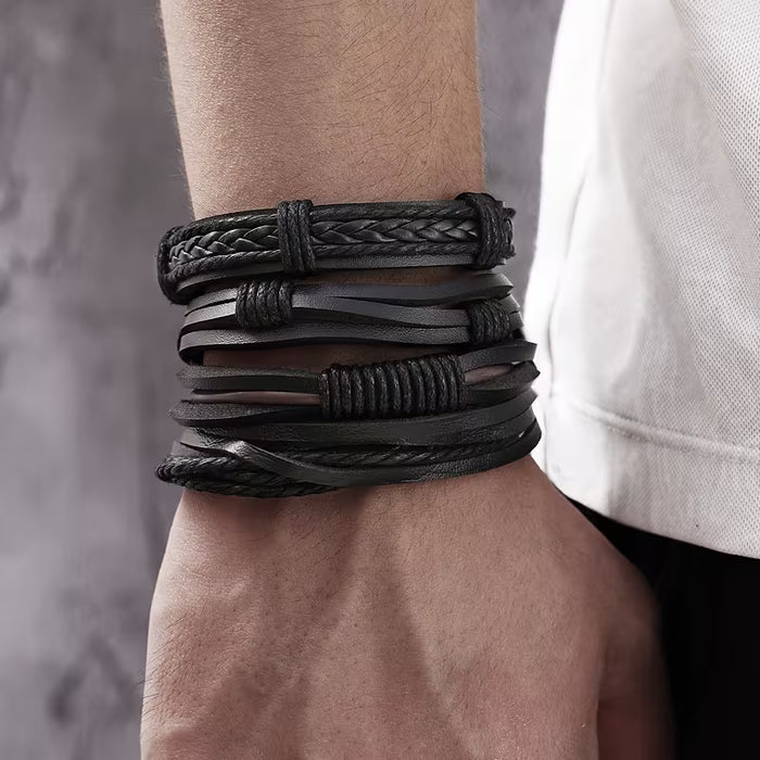 Juego de 11 pulseras tejidas de cuero artificial negro, diseño fácil