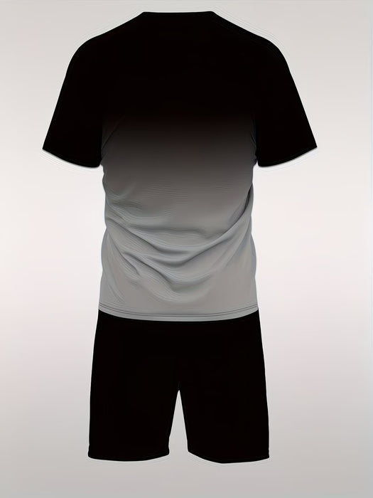 Conjunto deportivo de camiseta de manga corta con cuello redondo en degradado y pantalones cortos
