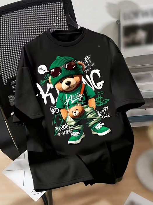 Camiseta casual holgada de manga corta con cuello redondo y estampado de oso