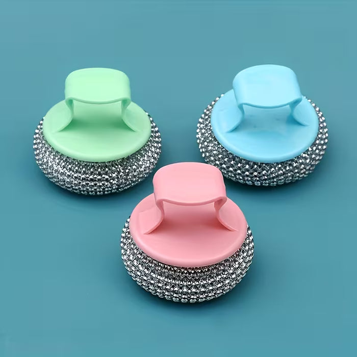 Cepillo de fregar de acero inoxidable con mango de esponja ergonómico de color alatorio