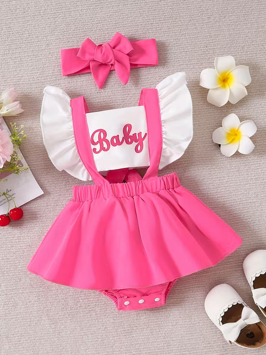 Vestido Con Volantes Y Manga Volante Con Estampado De Letras, Lindo Para Bebés