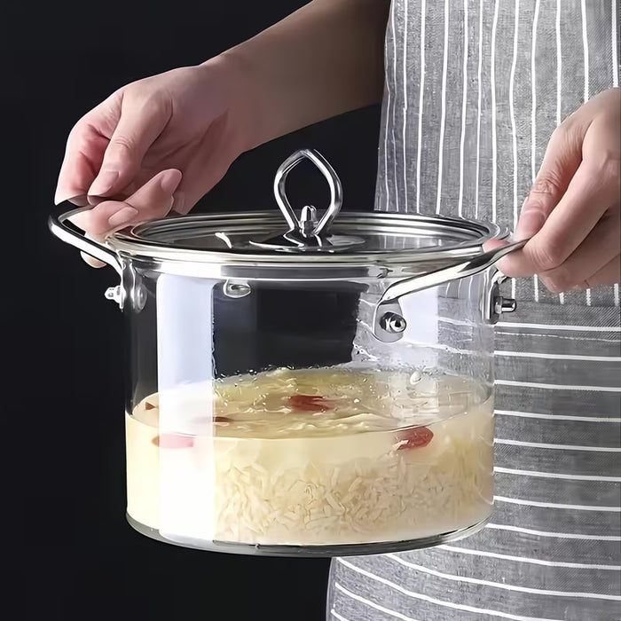 1 olla de vidrio con mango de acero inoxidablecon con almohadilla de aislamiento y estropajo