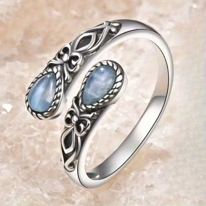 Anillo de Cuchara Ajustable Abierto con Incrustaciones de Piedra Lunar Sintética al Estilo Bohemio