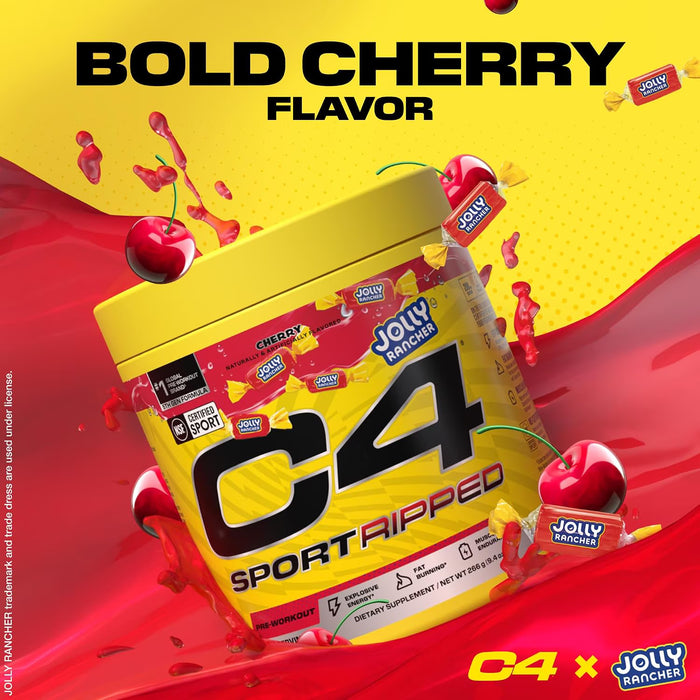 C4 Sport Ripped Pre Workout Powder - Jolly Rancher Cherry - Certificado NSF para deportistas