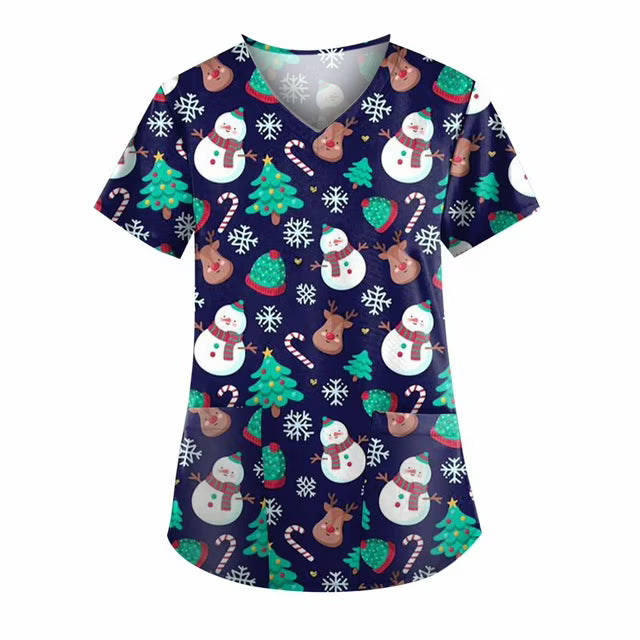 Camiseta uniforme médico de manga corta con cuello en V estampado de navidad