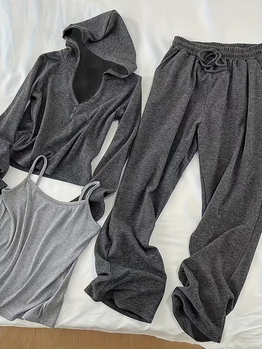 Conjunto de Sudadera con Capucha, Chaleco, Pantalones Casuales de Pierna Ancha