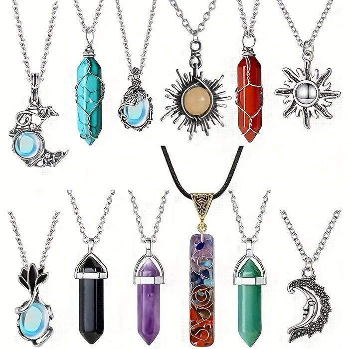 12 piezas de collares de estilo bohemio de amatista artificial de bala de pilar hexagonal y piedra artificial