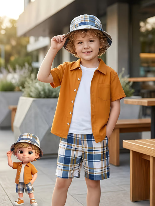 Conjunto casual de verano para niños de 3 piezas de camisa, pantalones y sombrero