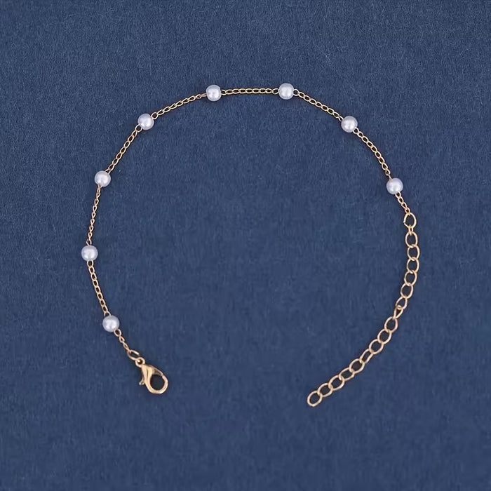 1 Pulsera de Cadena Fina con Mini Perlas Blancas de Imitación