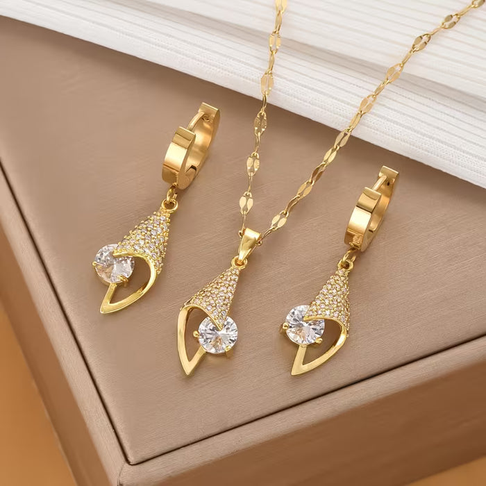 Conjunto de 3 piezas de acero inoxidable con circonita cúbica geométrica