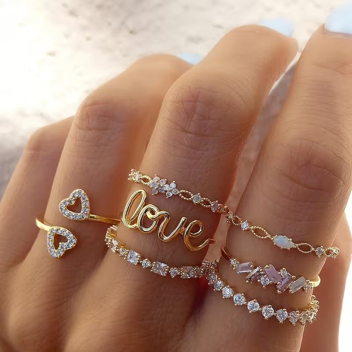 7 Piezas Nueva Colección de Verano: Anillos Estilosos con Corazón y Letras LOVE Floral