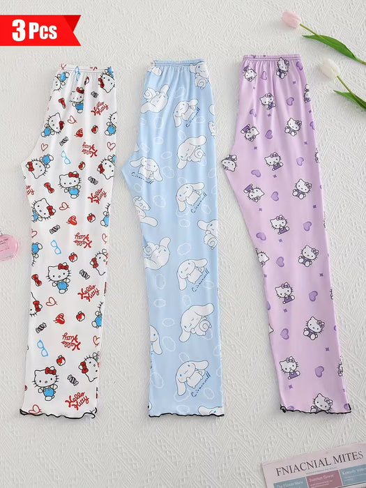 3pcs Pijamas de Mujer Dibujos Animados KT Gato Pantalones de Dormir