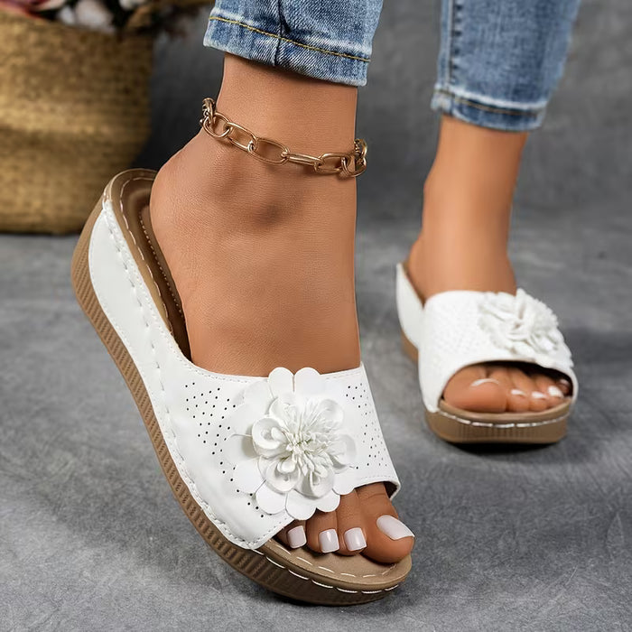 Zapatos de mujer de verano decoración floral, hechos a mano, con tacón de cuña