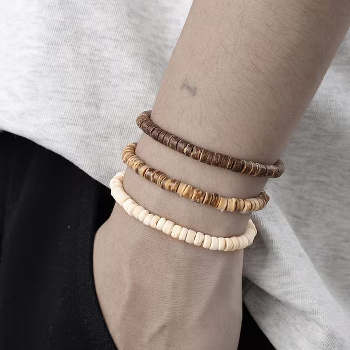 3pcs Pulseras de Moda para Hombres con Cuentas de Cáscara de Coco y Madera