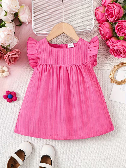 Vestido de Cuello Cuadrado con Mangas de Volantes y Textura a Rayas para Bebé Niña
