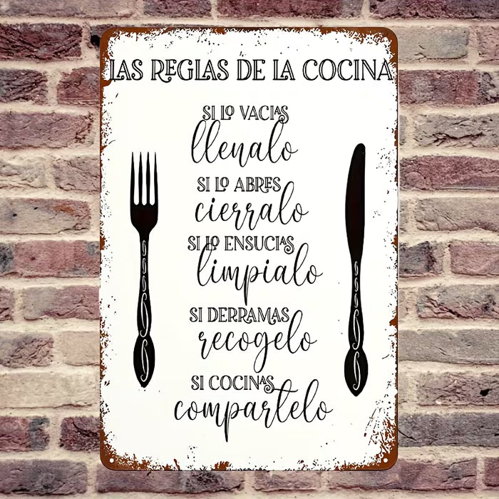 1pc Letrero de Metal Vintage con Reglas de Cocina Española - 8.0x12.0 pulgadas, Arte de Pared