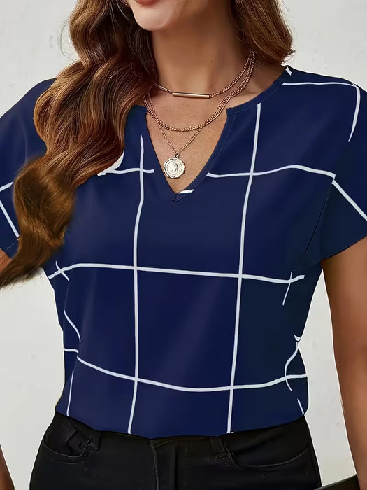 Camiseta Casual de Mujer con Estampado a Cuadros, Cuello en V