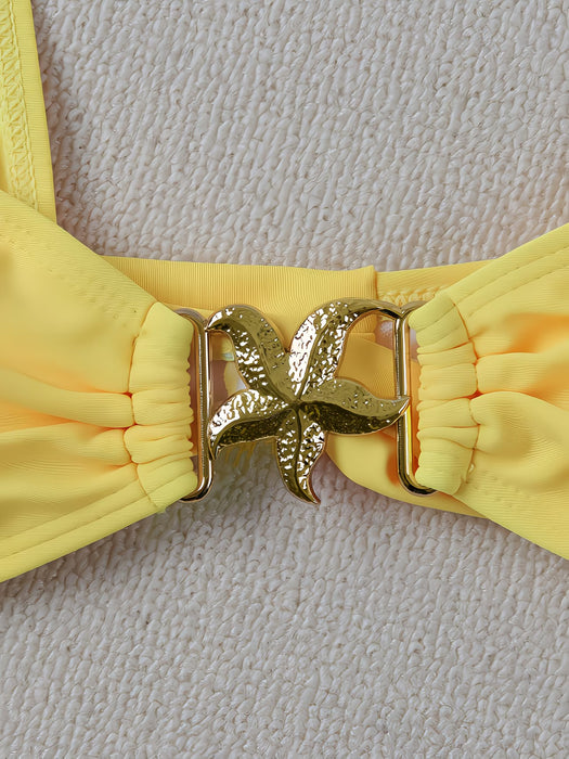 Conjunto de bikini para mujer con decoración metálica de estrella de color liso de hombros anchos