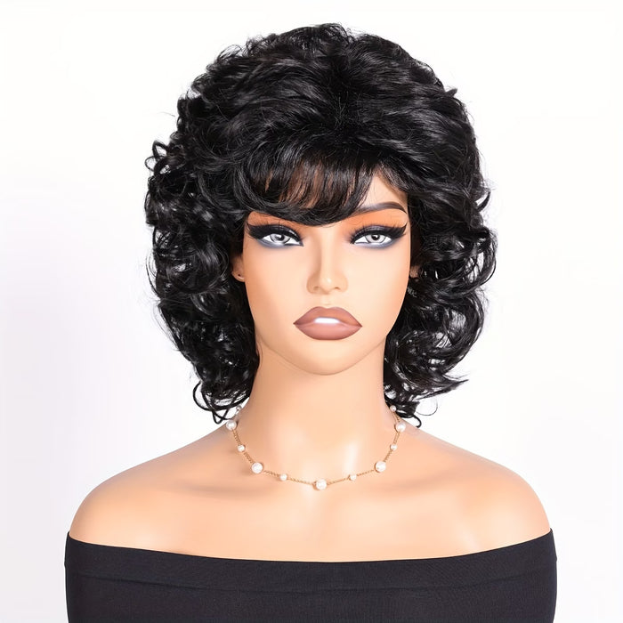 Peluca rizada corta de 8 pulgadas con flequillo lateral y cabello ondulado