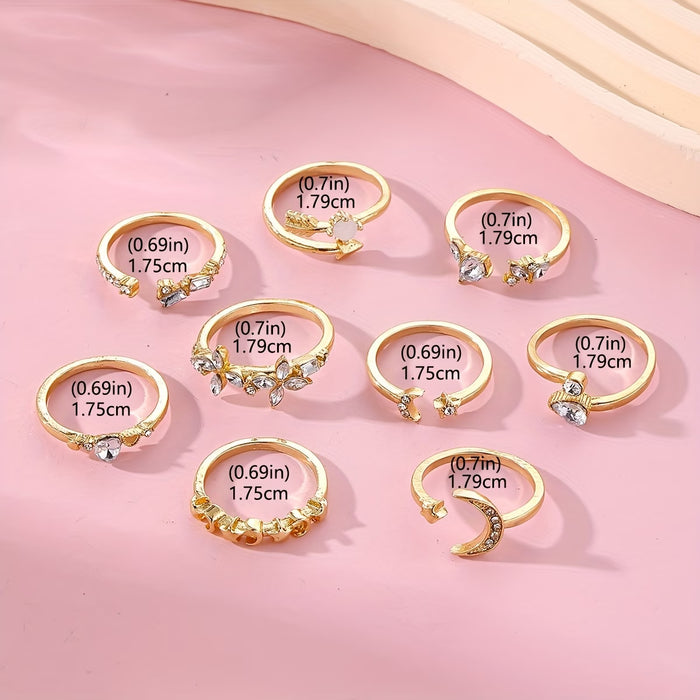 Conjunto de 9 anillos con forma de lágrima adornados con diamantes de imitación con estrellas y lunas