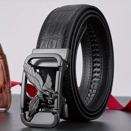 Cinturón único con patrón de águila para hombre, hebilla automática, de piel de vaca