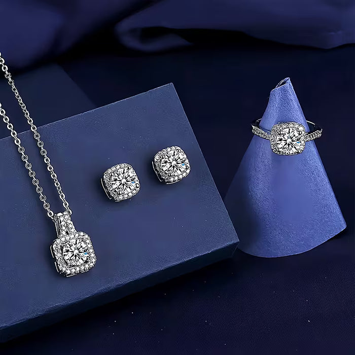 Conjunto de collar con colgante cuadrado elegante y aretes con anillo abierto para mujer, 4pcs