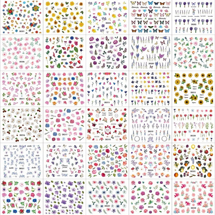 Set de 30 hojas de calcomanías 3D florales para uñas con diseños modernos