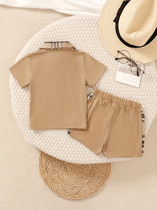 Camisetas con Cuello de Cuadros para Niño y Shorts Casuales con Cintura Elástica