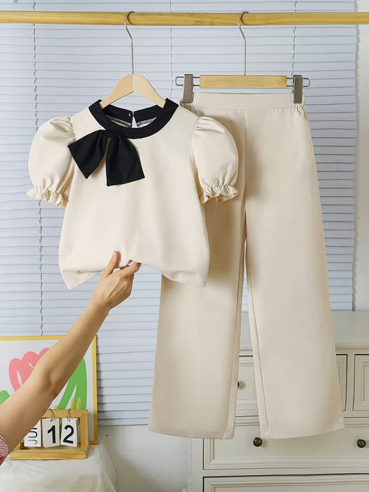 Juego de 2 Piezas con Top de Manga Bufanda y Pantalones Decorados con Lazo para Niñas