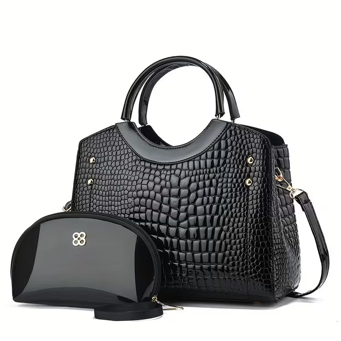 Elegante juego de bolso de dos piezas con estampado y textura de cocodrilo artificial