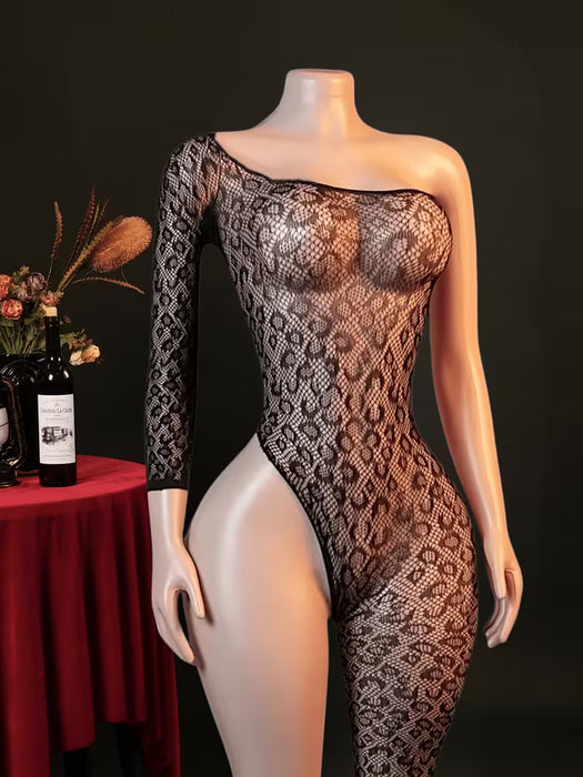 Body de manga larga con estampado de leopardo, transparente con calados