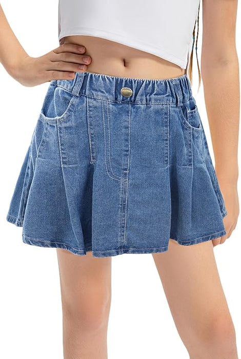 Falda de mezclilla plisada para niña, cintura elástica, falda corta con bolsillos - Quierox - Tienda Online