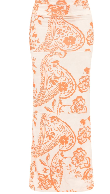 Falda maxi de punto suave con estampado de remolinos naranjas y detalle de costura - Quierox - Tienda Online