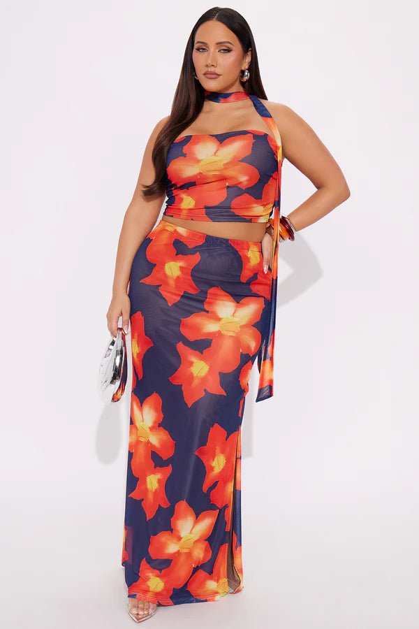 Fashion Nova Conjunto de falda larga de malla de 3 piezas Island Heat —  Quierox